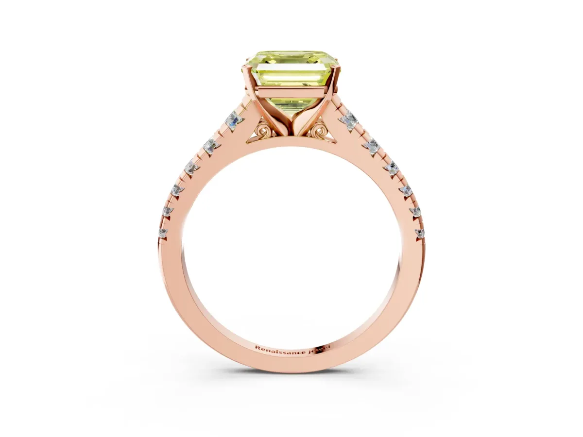 Fancy Yellow Asscher Cut Diamond Cathedral Solitaire Ring with Round Pavé Band Rose gold