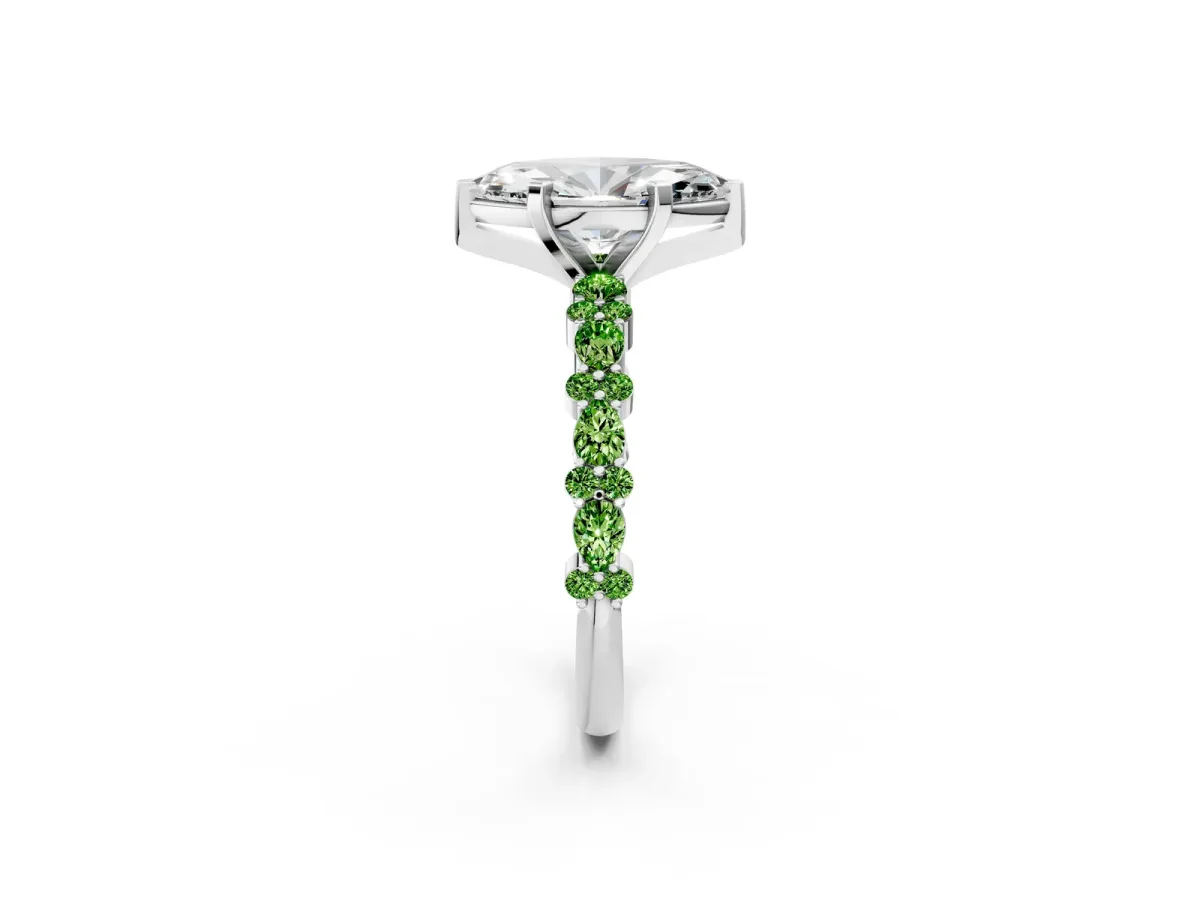 Marquise Cut Diamond Side Stone Solitaire Ring with Round Peridot and Four-Prong Setting Platinum