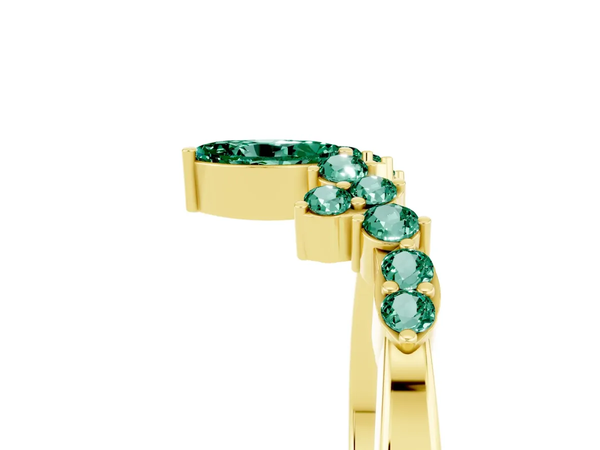 Marquise and Round Green Sapphire Chevron Band with Prong Setting Yellow gold