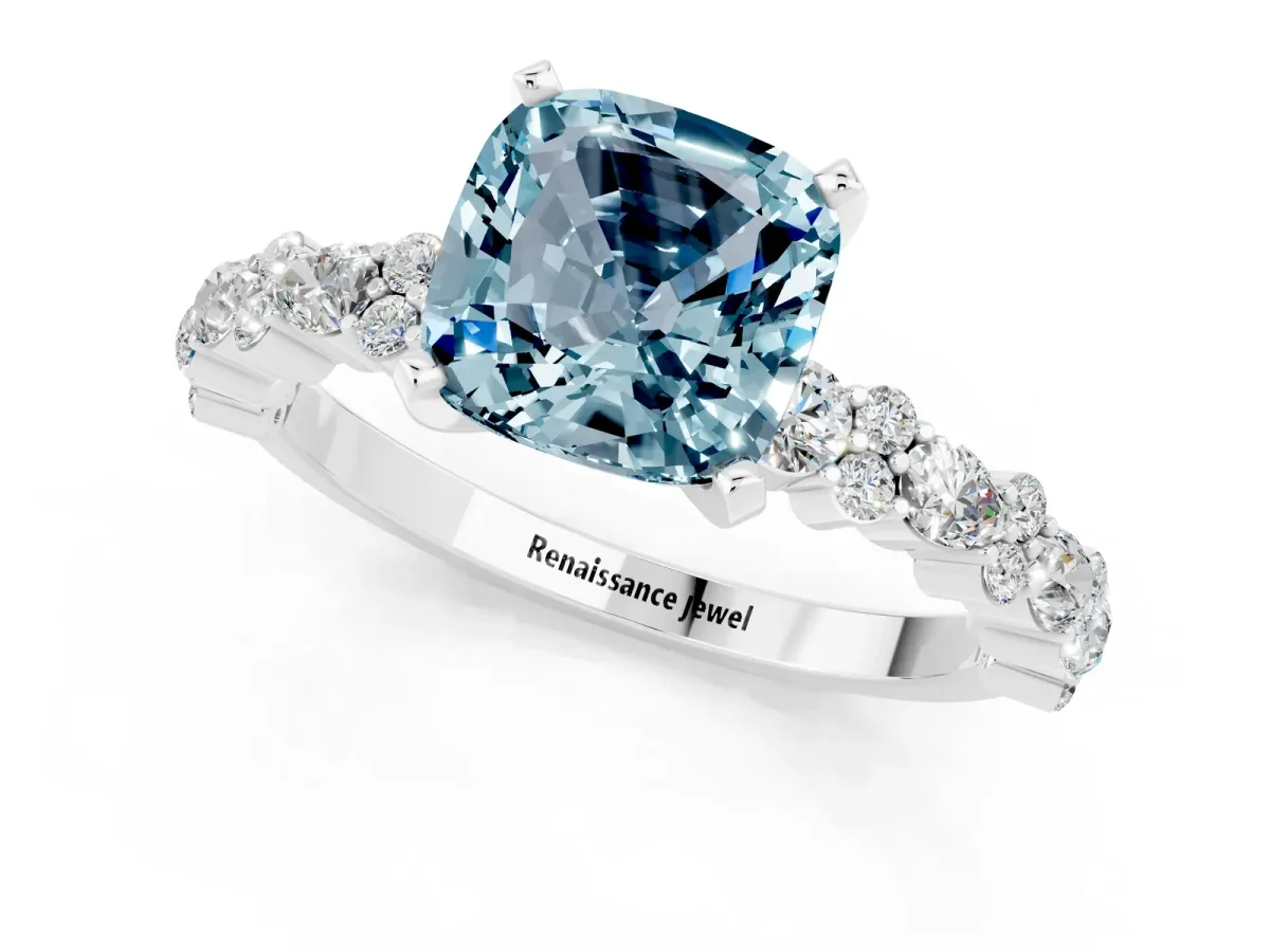 Cushion Cut Aquamarine Side Stone Solitaire Ring with Round and Four-Prong Setting White gold