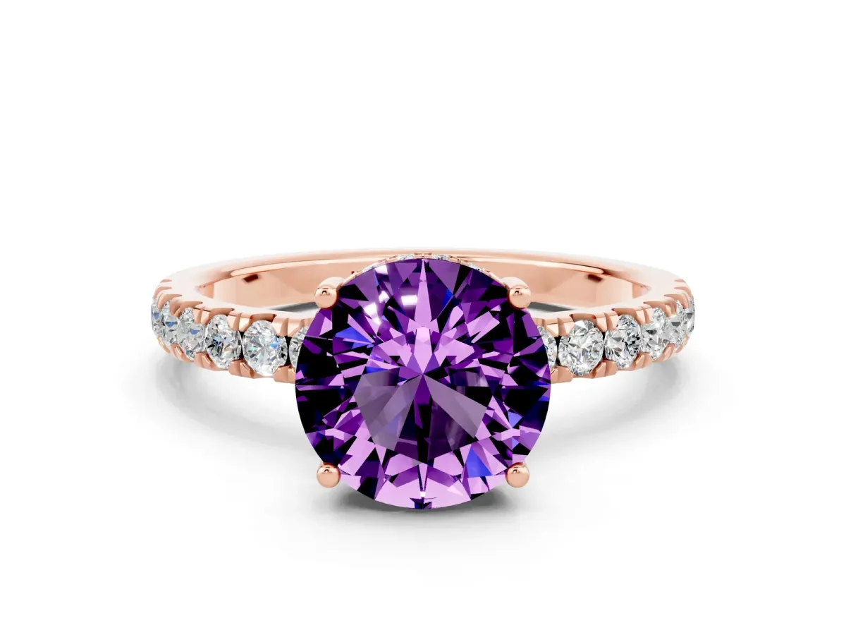 Round Cut Amethyst Pave Band Solitaire Ring with Round and Prong Setting Rose gold
