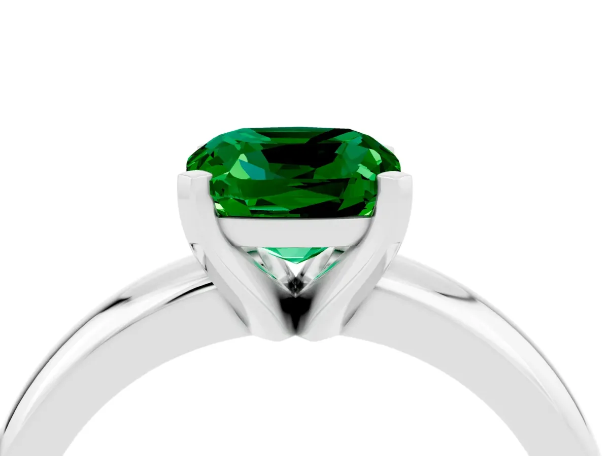 Cushion Cut Emerald Solitaire Engagement Ring with Round Band and Four-Prong Setting White gold