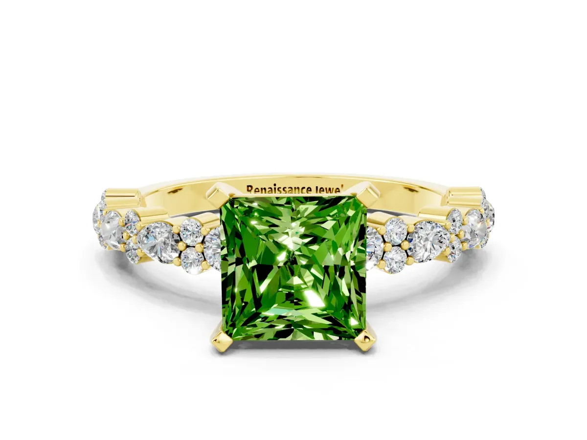 Princess Cut Peridot Side Stone Solitaire Ring with Round and Four-Prong Setting Yellow gold