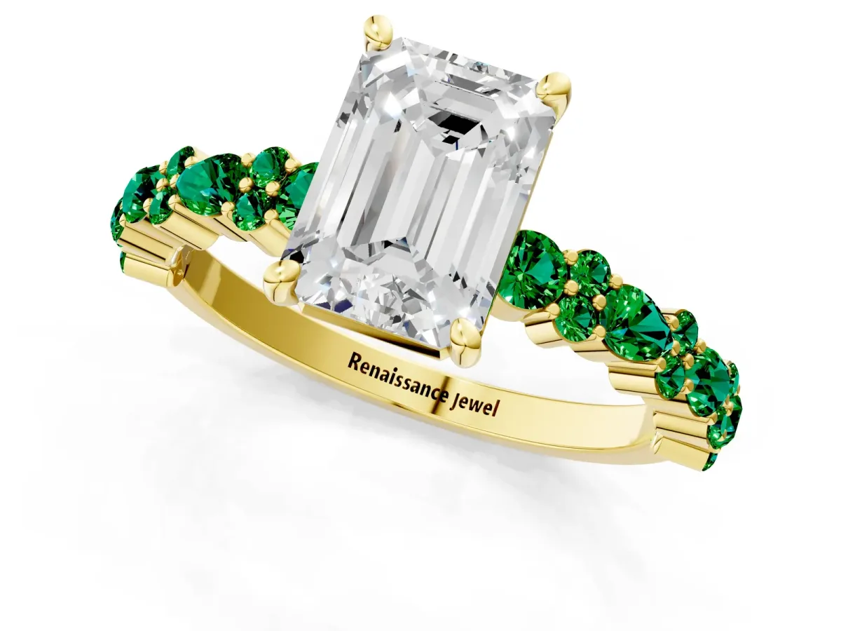 Emerald Cut Diamond Side Stone Solitaire Ring with Round Emerald and Four-Prong Setting Yellow gold