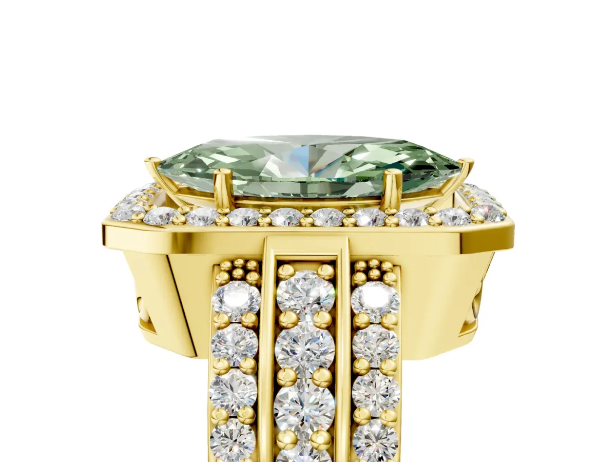 Fancy Green Marquise Cut Halo Diamond Ring with Round Split Shank and Prong Setting Yellow gold