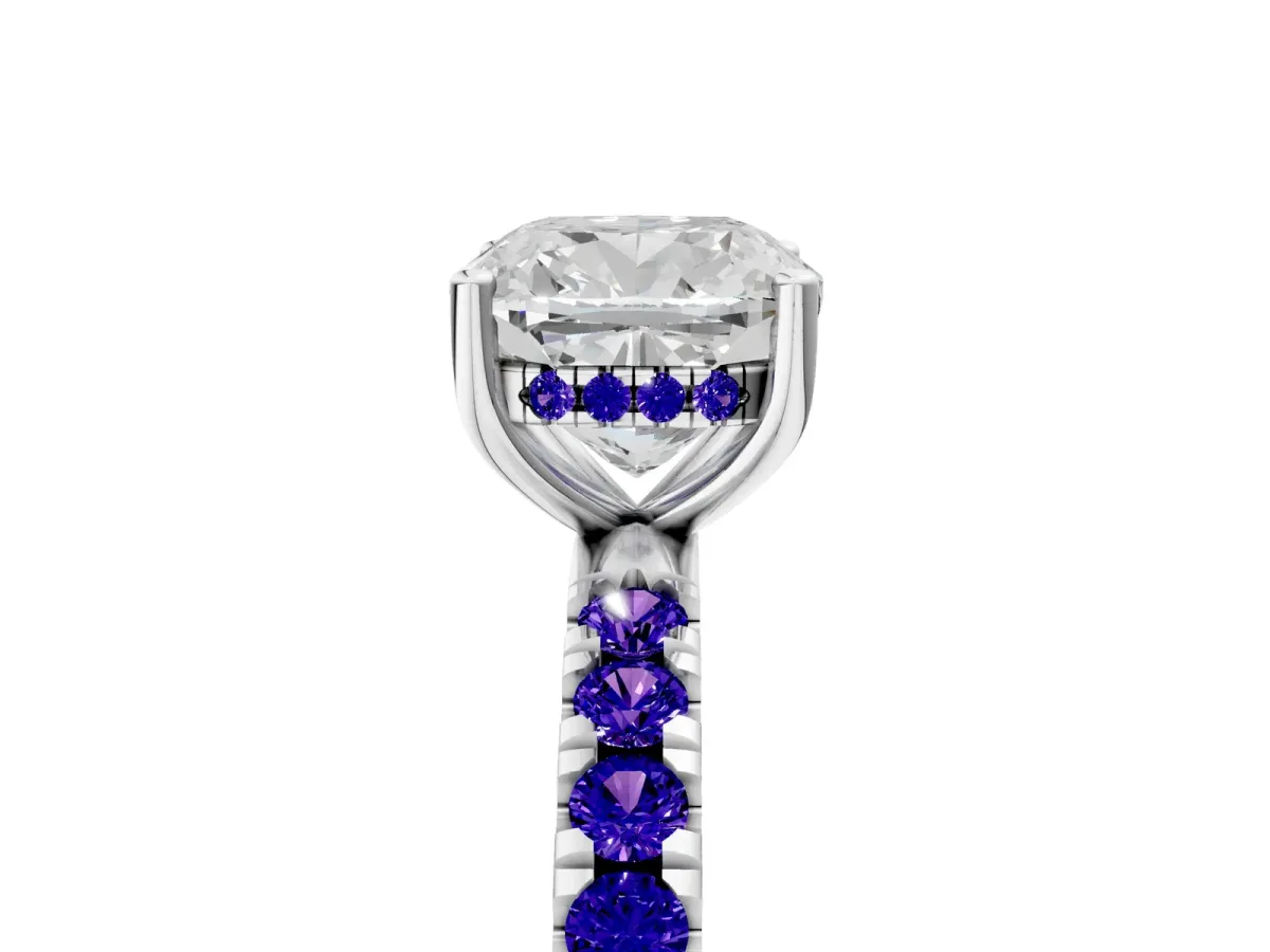 Cushion Cut Diamond Pave Band Solitaire Ring with Round Tanzanite and Prong Setting Platinum