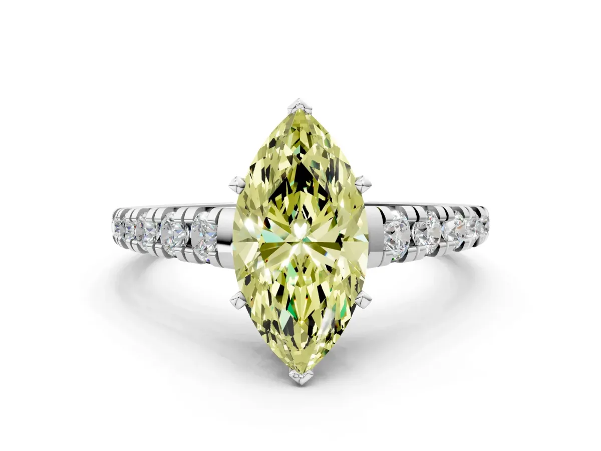 Fancy Yellow Marquise Cut Diamond Cathedral Solitaire Ring with Round Pavé Band Platinum