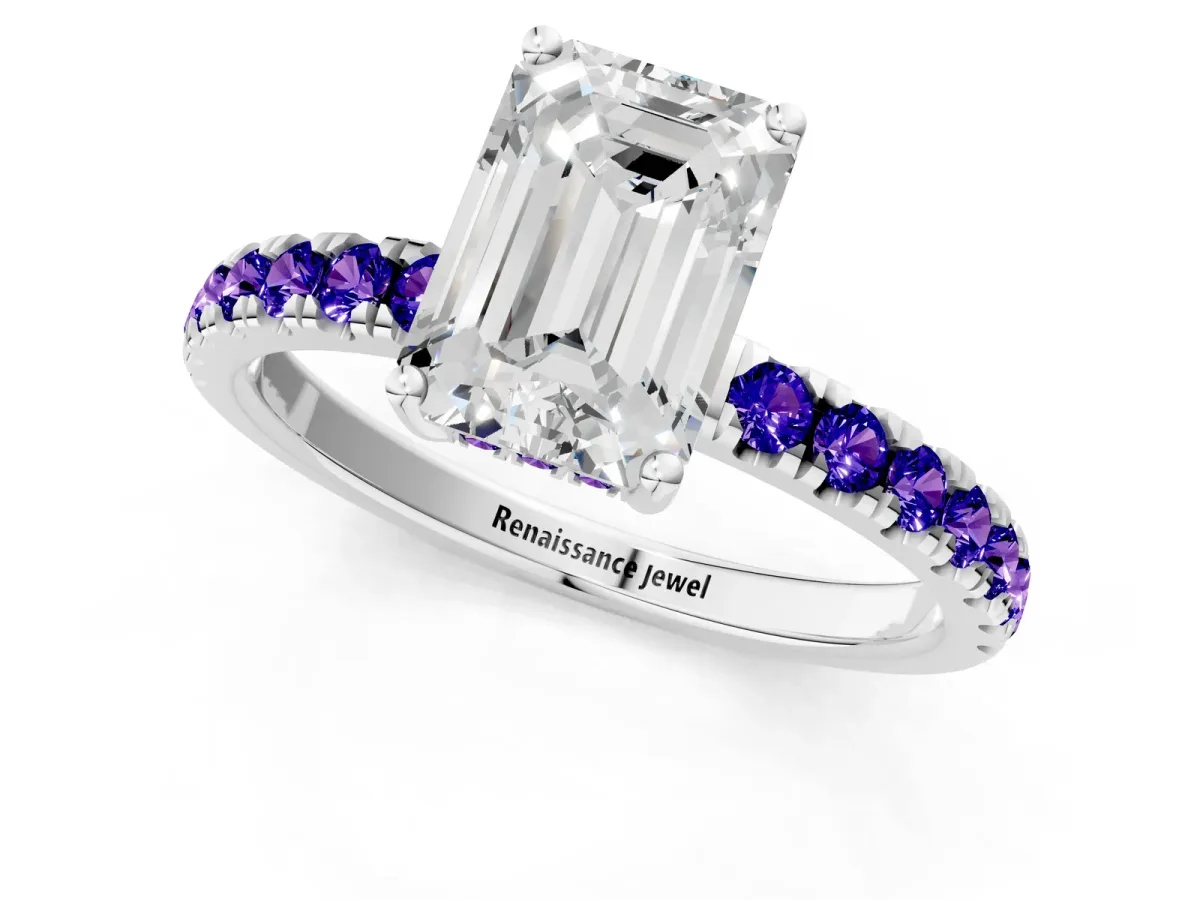 Emerald Cut Diamond Pave Band Solitaire Ring with Round Tanzanite and Prong Setting Platinum