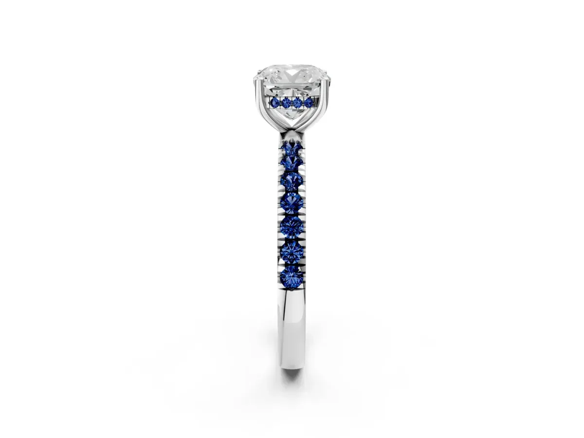 Cushion Cut Diamond Pave Band Solitaire Ring with Round Blue Sapphire and Prong Setting Platinum