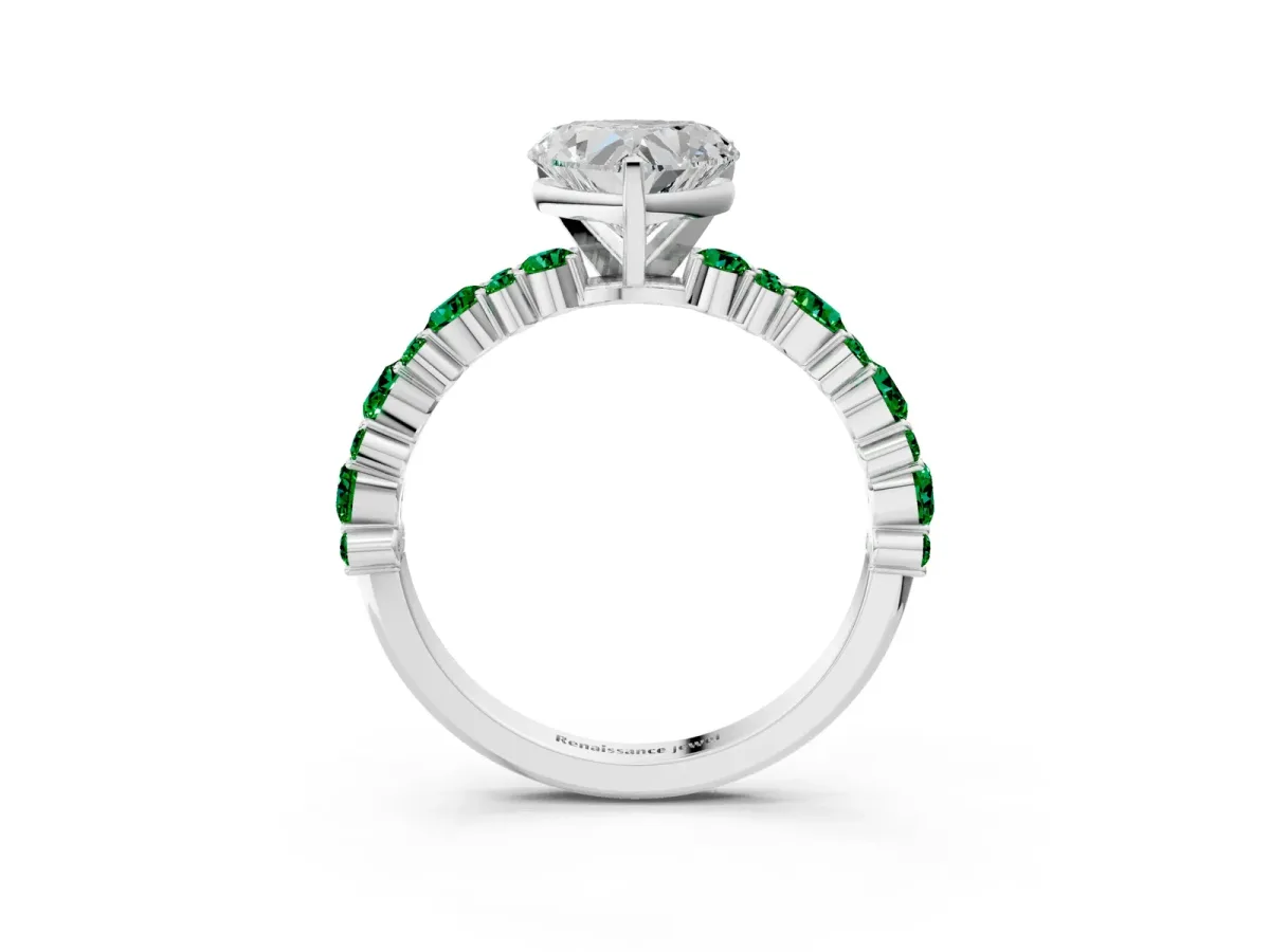 Heart Cut Diamond Side Stone Solitaire Ring with Round Emerald and Four-Prong Setting Platinum