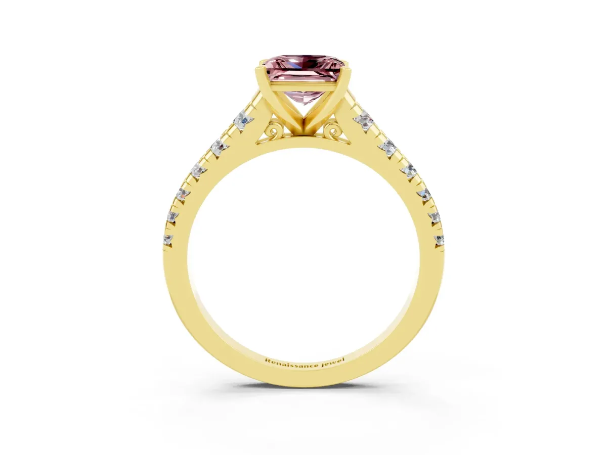 Princess Cut Morganite Cathedral Solitaire Ring with Round Pavé Band Yellow gold