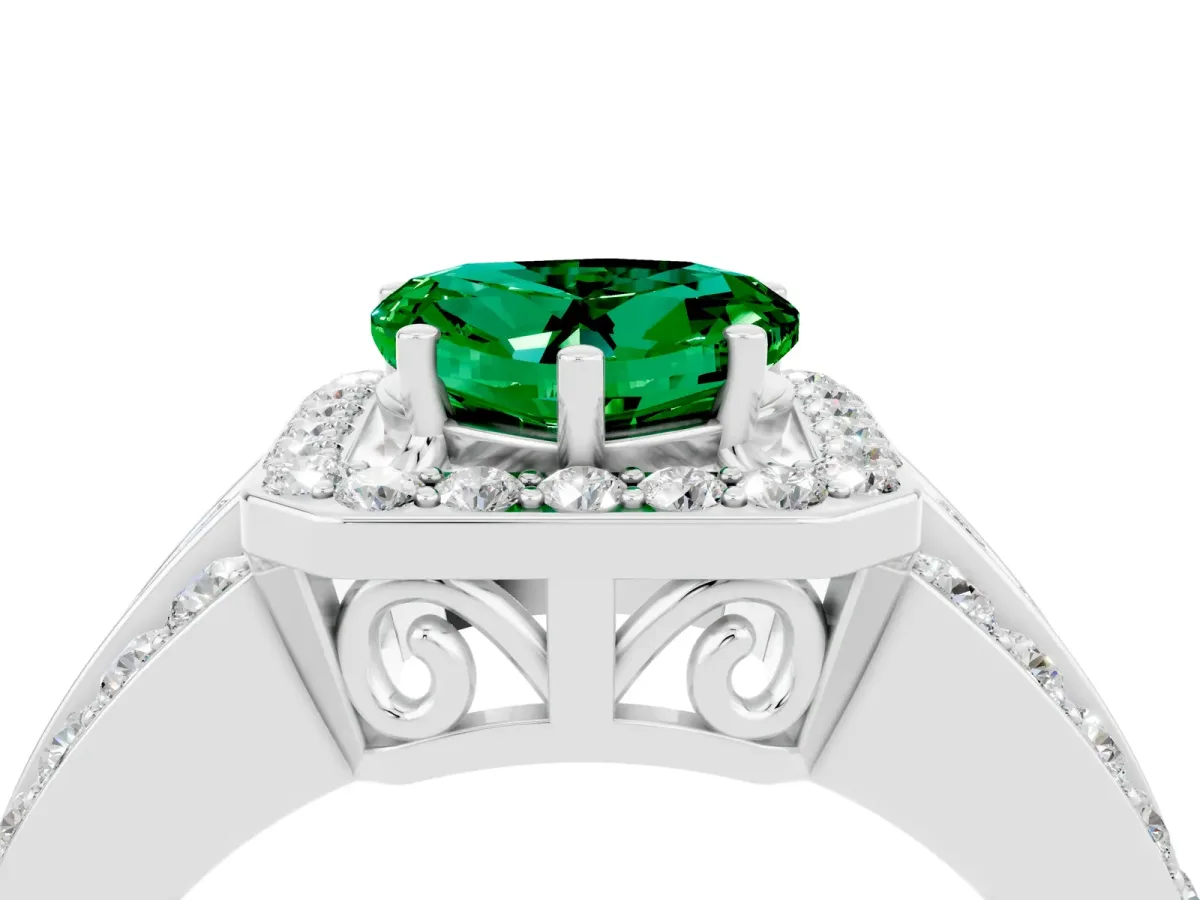 Heart Cut Halo Emerald Ring with Round Split Shank and Prong Setting Silver