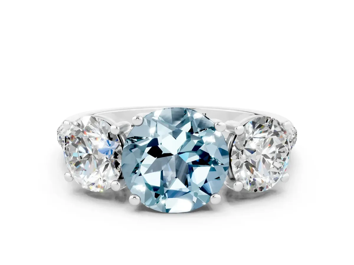 Three-Stone Round Cut Aquamarine Ring with Round Pavé Band and Prong Setting Silver