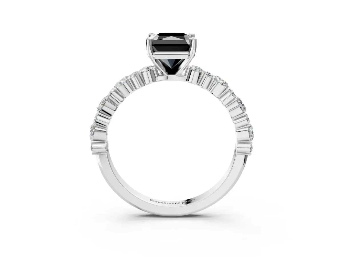 Fancy Black Radiant Cut Diamond Side Stone Solitaire Ring with Round and Four-Prong Setting Platinum
