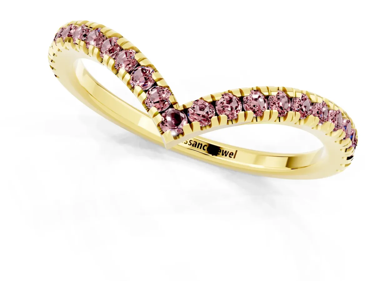 Pavé Round Morganite V-Shaped Chevron Band with Shared Prong Setting Yellow gold
