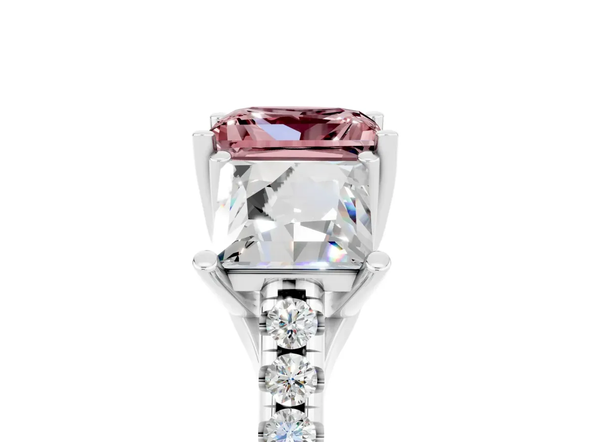 Three-Stone Princess Cut Morganite Ring with Round Pavé Band and Prong Setting Silver