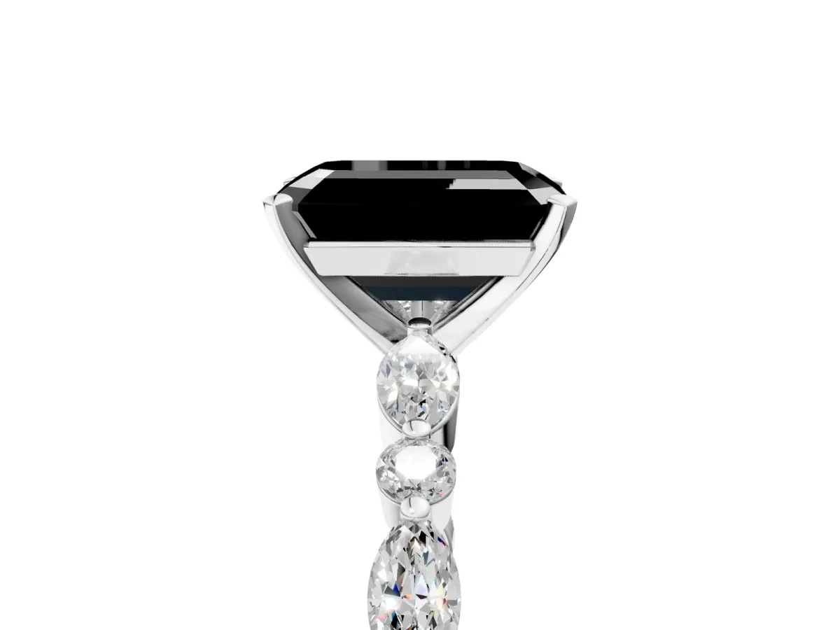Fancy Black Emerald Cut Diamond Ring with Marquise and Round Side Stones and Four-Prong Setting Silver