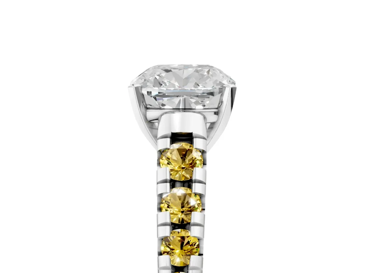 Cushion Cut Diamond Cathedral Solitaire Ring with Round Yellow Sapphire Pavé Band Silver
