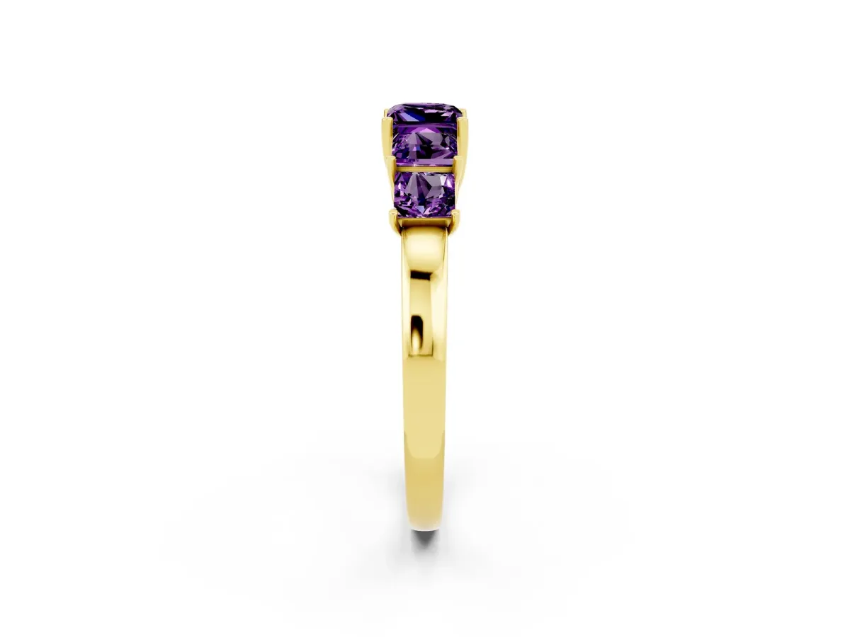 Princess Cut Five-Stone Amethyst Ring with Classic Prong Setting Yellow gold