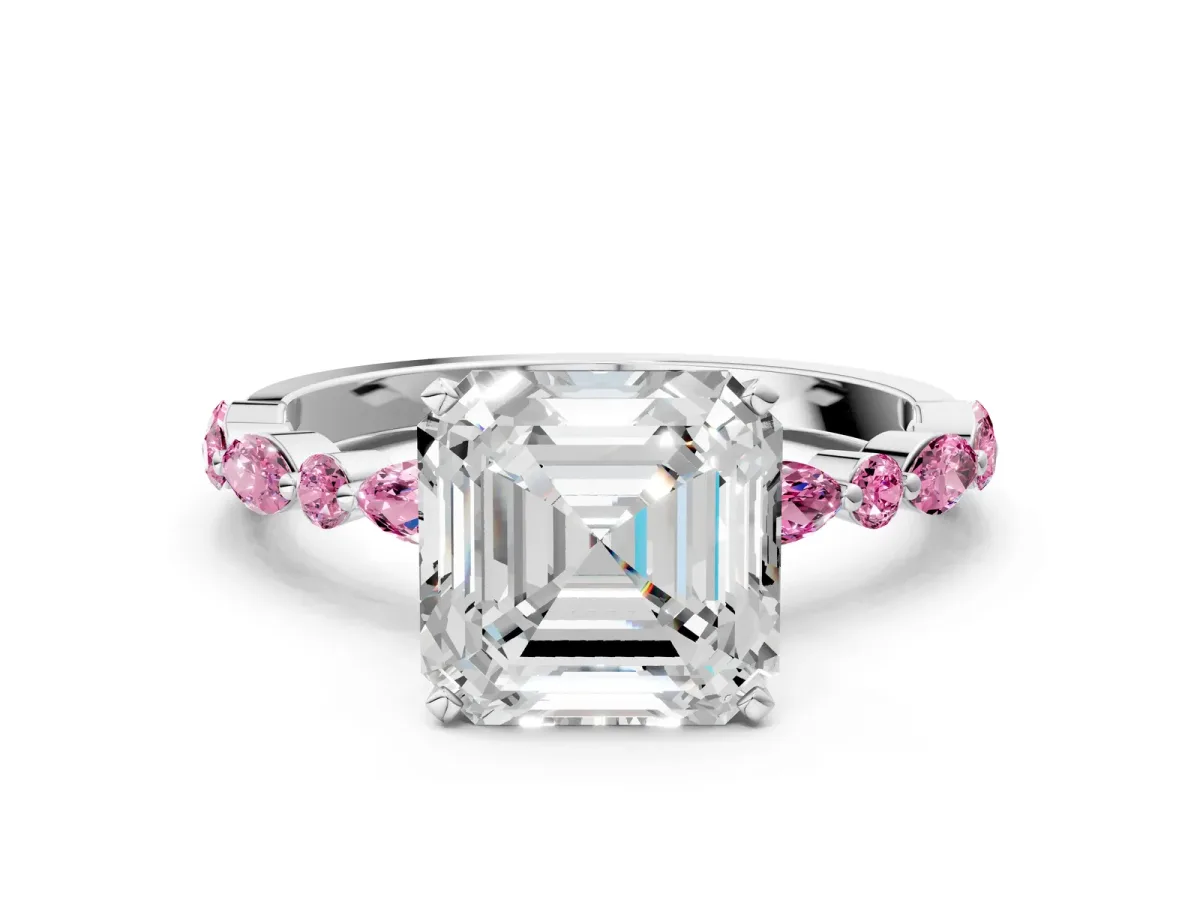 Asscher Cut Diamond Ring with Marquise and Round Pink Sapphire Side Stones and Four-Prong Setting Silver