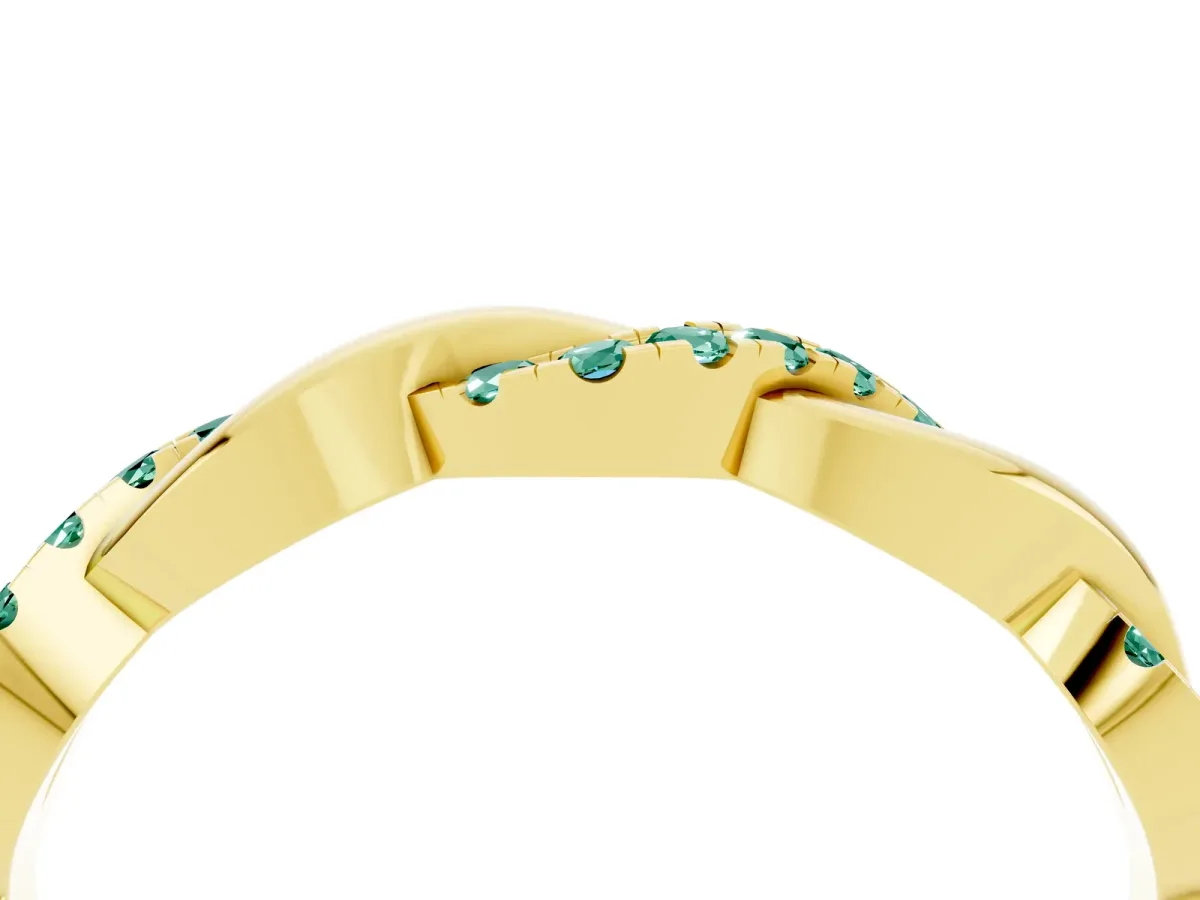 Round Green Sapphire Twist Eternity Band with Pavé Setting Yellow gold