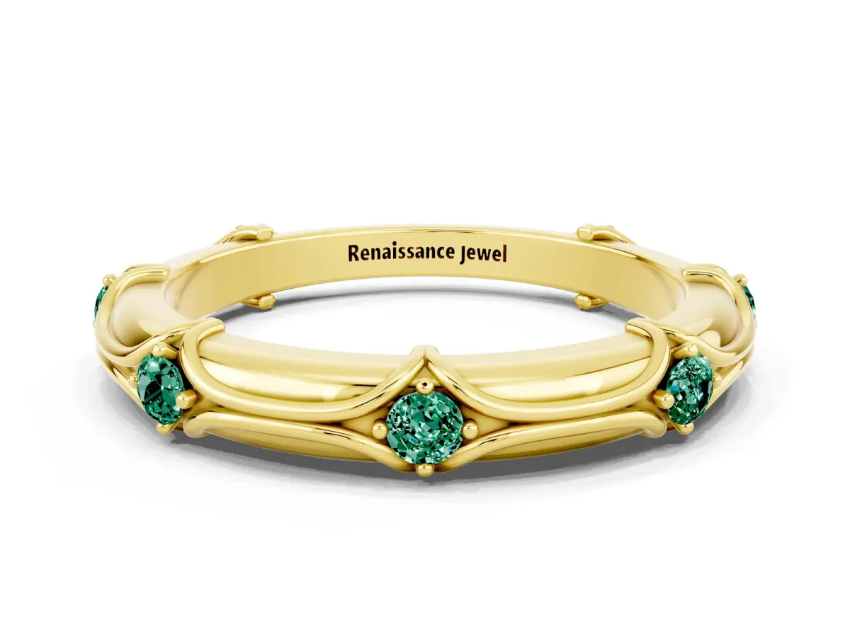 Round Green Sapphire Prong Set Milgrain Eternity Band Yellow gold