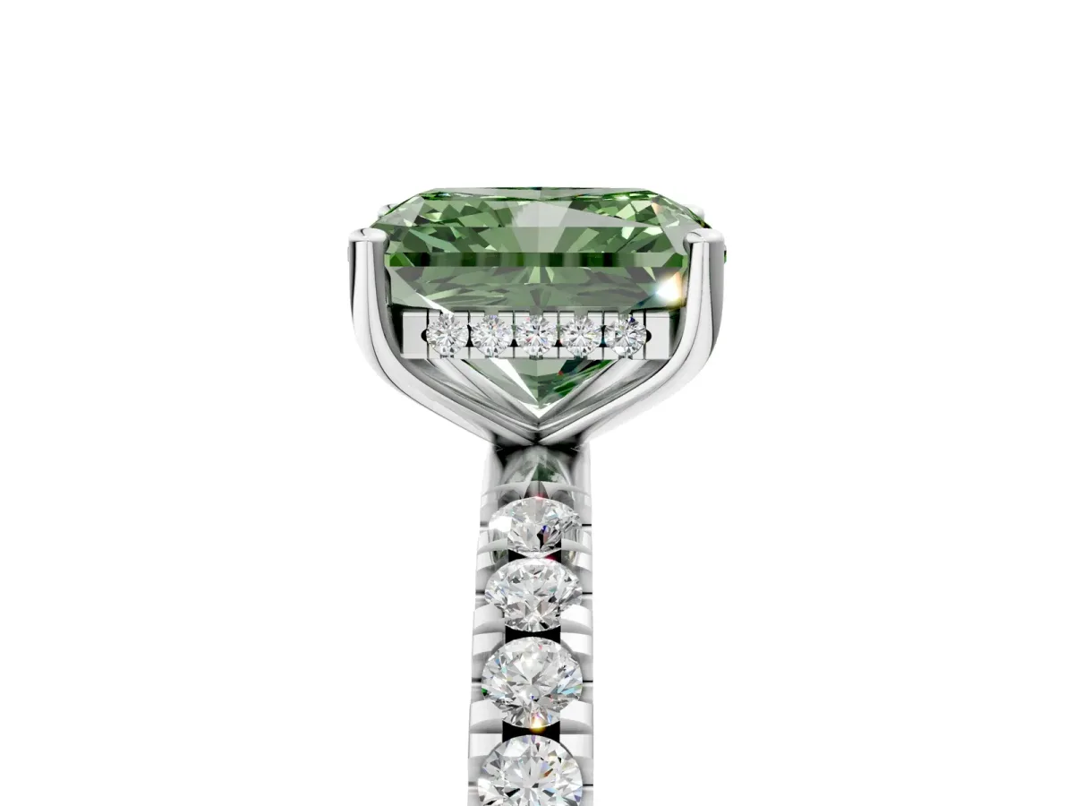 Fancy Green Radiant Cut Diamond Pave Band Solitaire Ring with Round and Prong Setting Silver