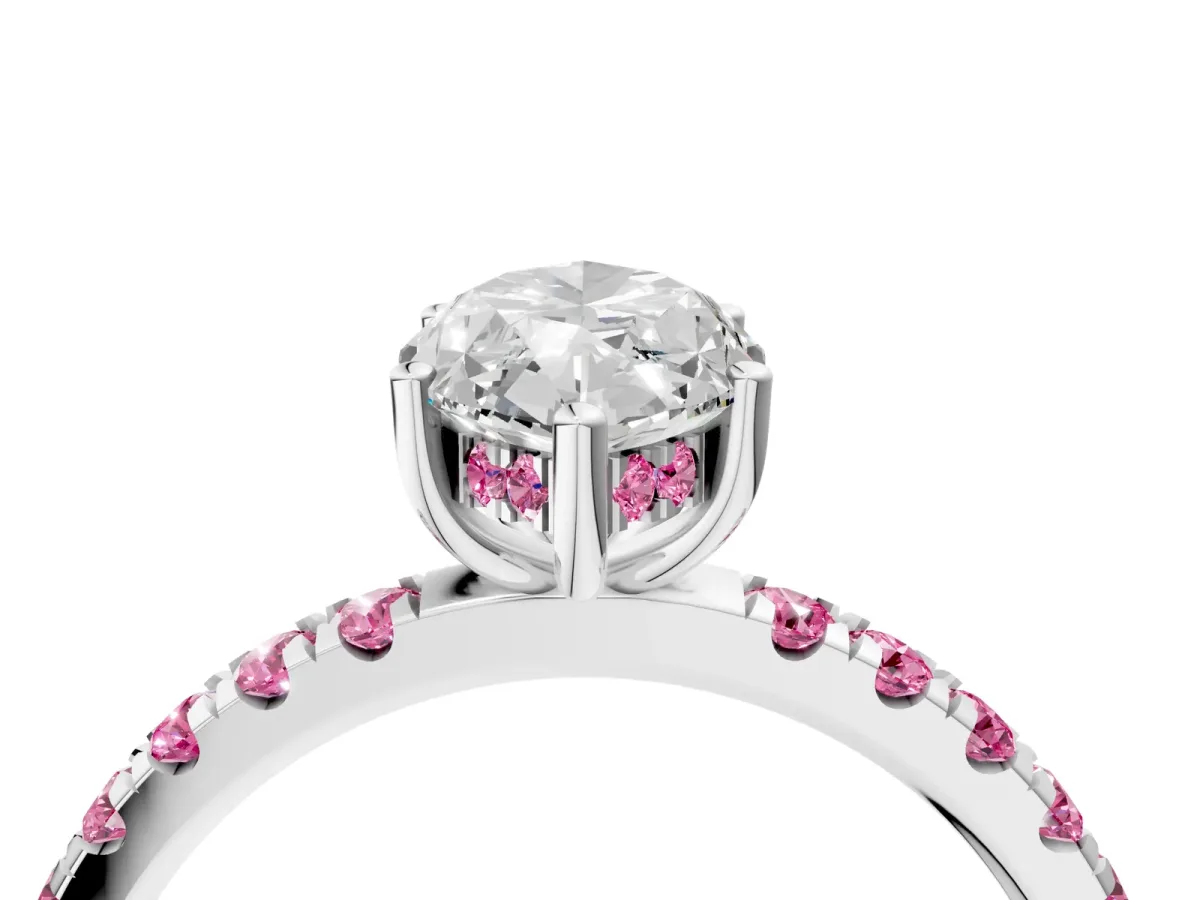 Marquise Cut Diamond Pave Band Solitaire Ring with Round Pink Sapphire and Prong Setting Silver