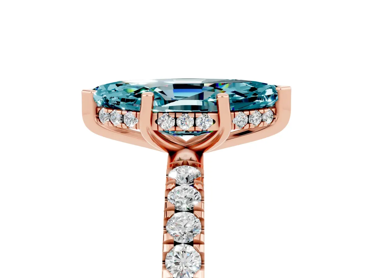Marquise Cut Blue Topaz Pave Band Solitaire Ring with Round and Prong Setting Rose gold