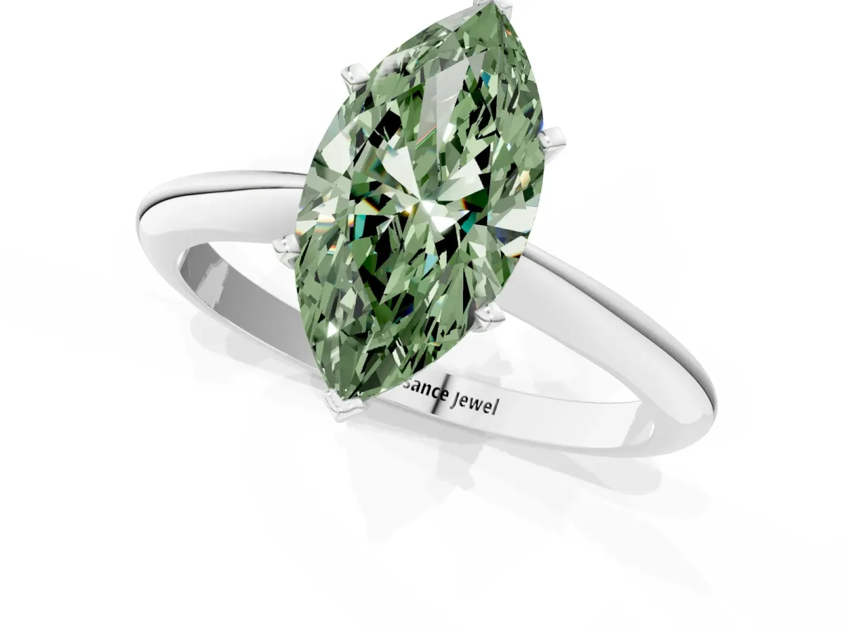 Fancy Green Marquise Cut Diamond Solitaire Engagement Ring with Classic Band and Four-Prong Setting Silver