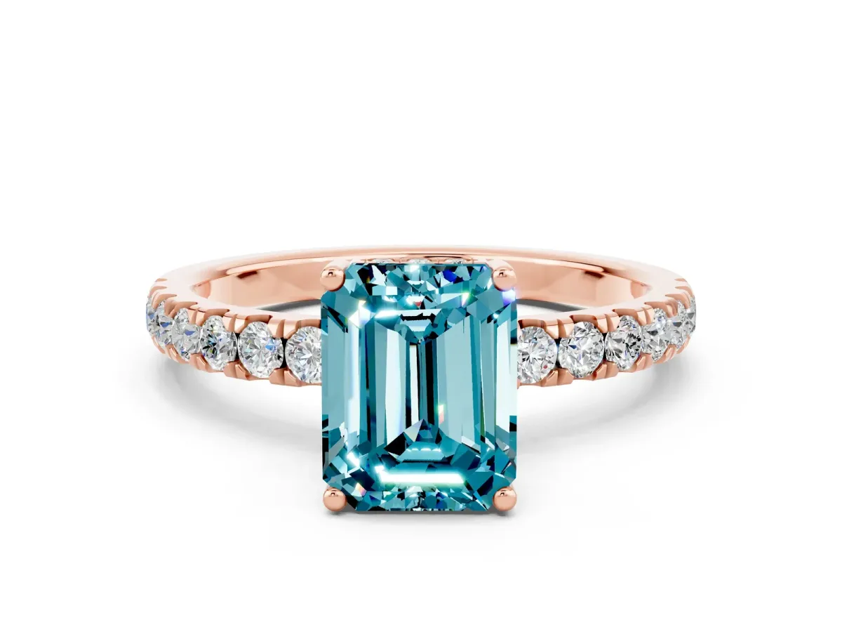 Emerald Cut Blue Topaz Pave Band Solitaire Ring with Round and Prong Setting Rose gold