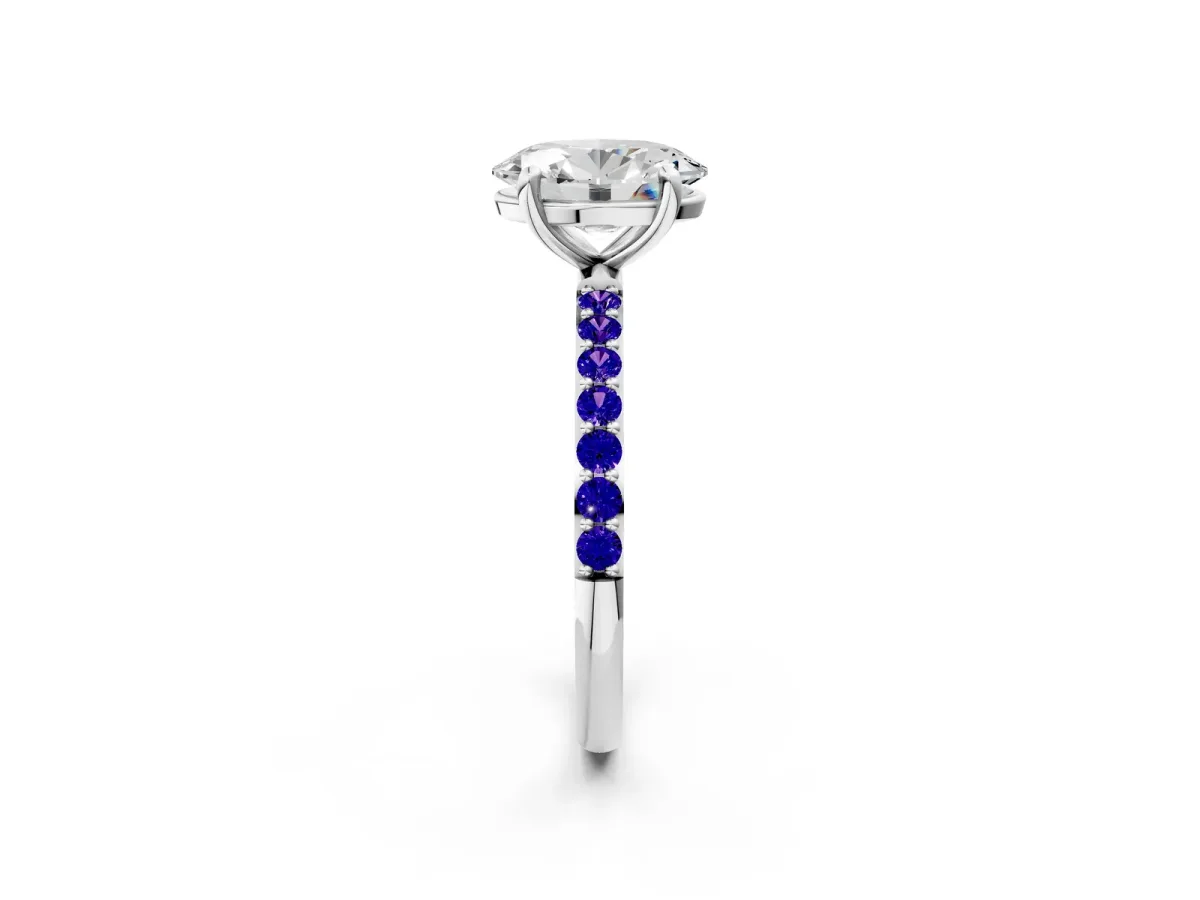 Oval Cut Diamond Solitaire Ring with Round Tanzanite Pavé Band and Prong Setting Platinum