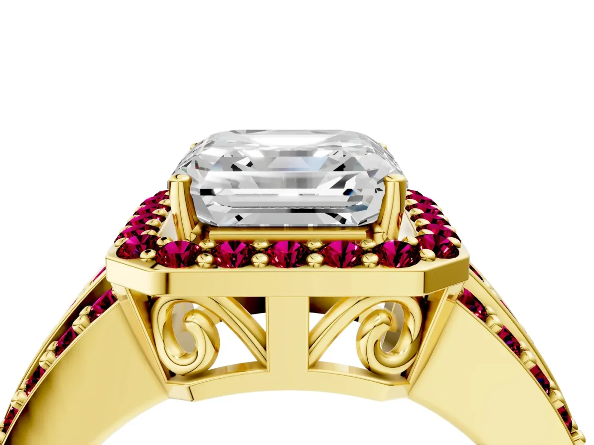 Asscher Cut Halo Diamond Ring with Round Garnet Split Shank and Prong Setting Yellow gold