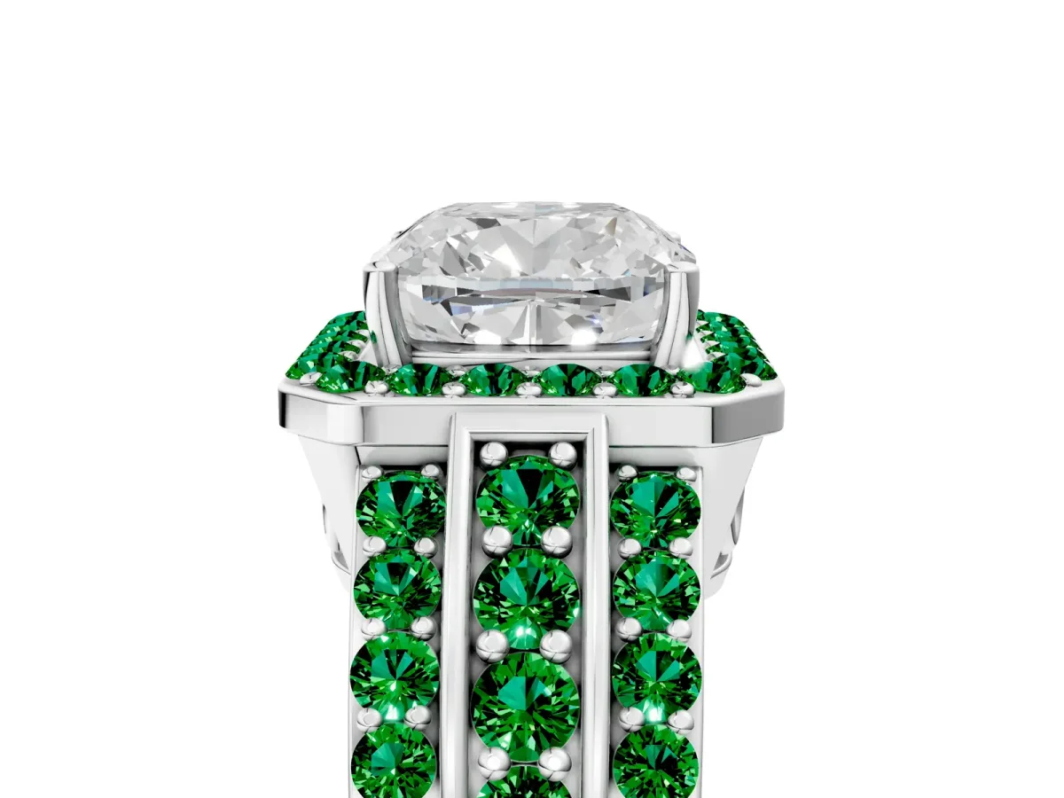 Cushion Cut Halo Diamond Ring with Round Emerald Split Shank and Prong Setting White gold