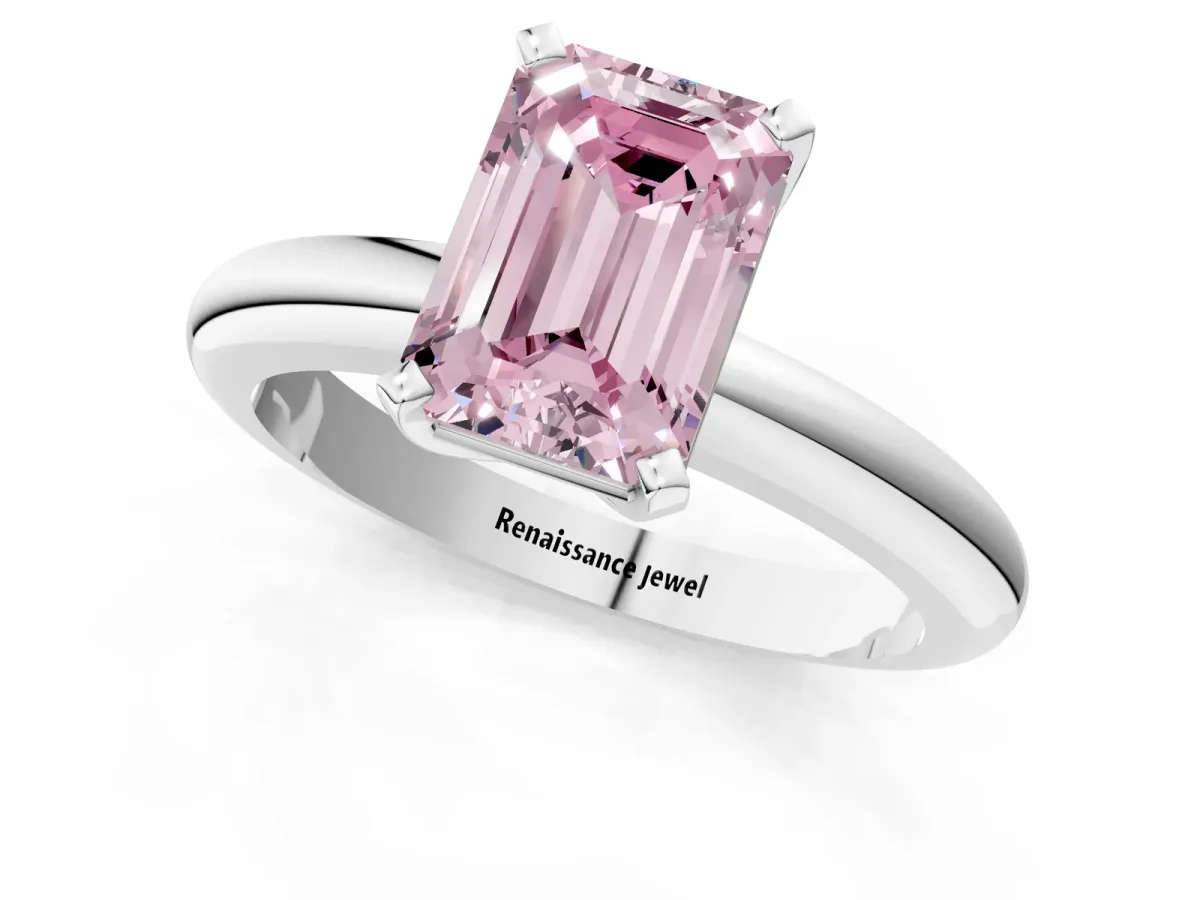Fancy Pink Emerald Cut Diamond Solitaire Engagement Ring with Round Band and Four-Prong Setting Silver