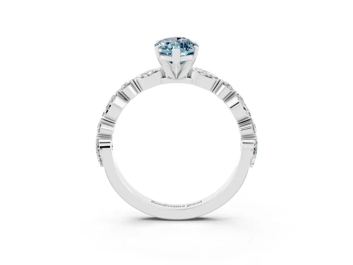 Marquise Cut Aquamarine Ring with Marquise and Round Side Stones and Four-Prong Setting Platinum