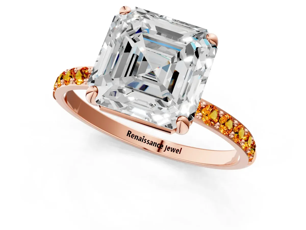 Asscher Cut Diamond Solitaire Ring with Round Citrine Pavé Band and Prong Setting Rose gold