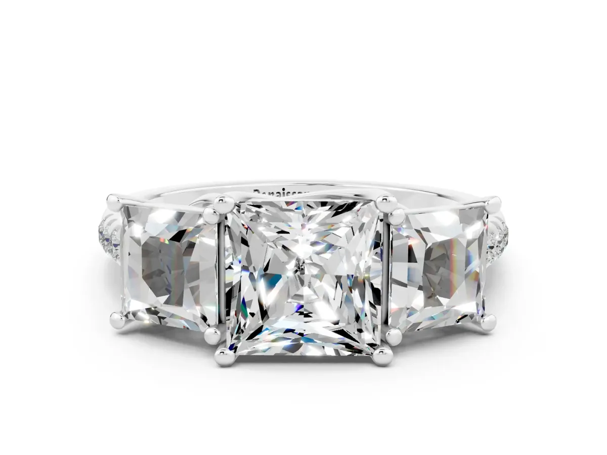 Three-Stone Princess Cut Moissanite Ring with Round Pavé Band and Prong Setting Silver