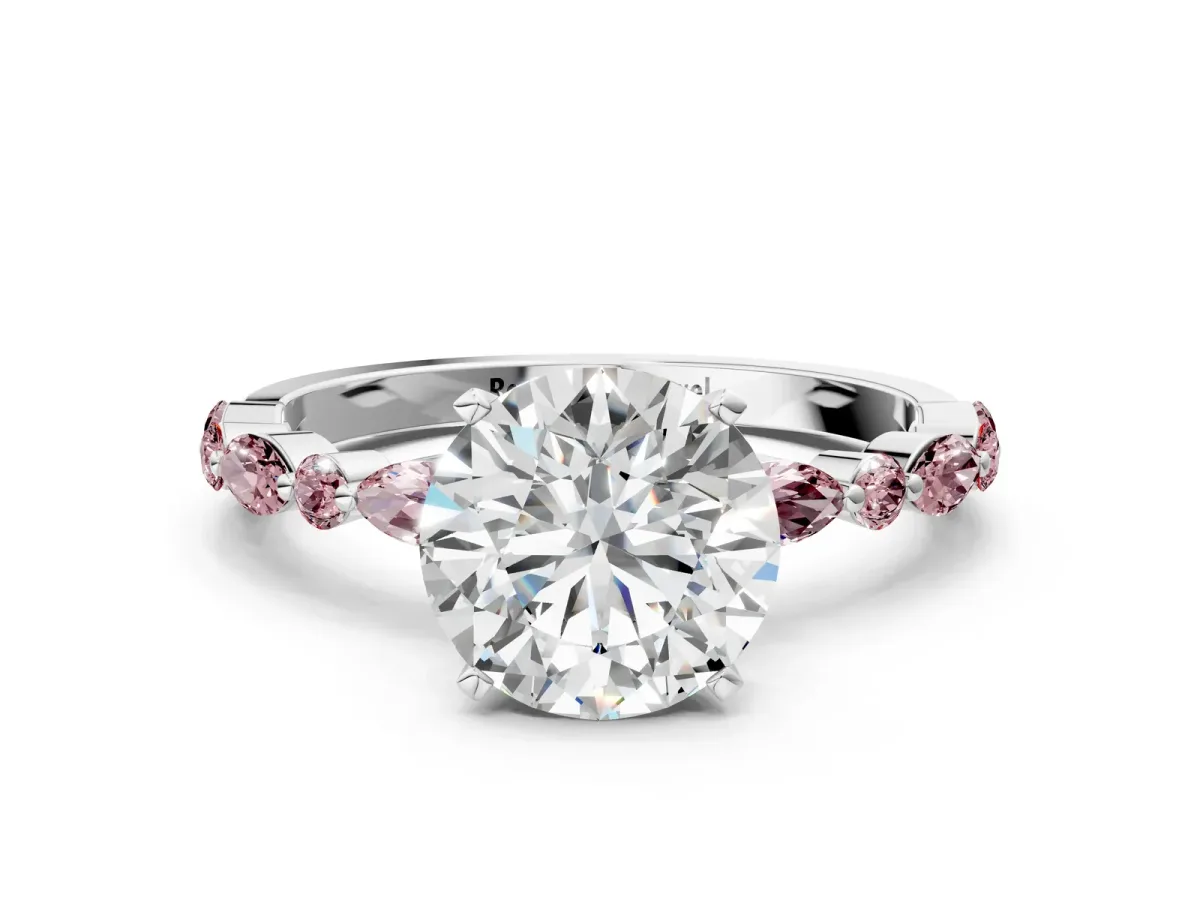 Round Cut Diamond Ring with Marquise and Round Morganite Side Stones and Four-Prong Setting Silver