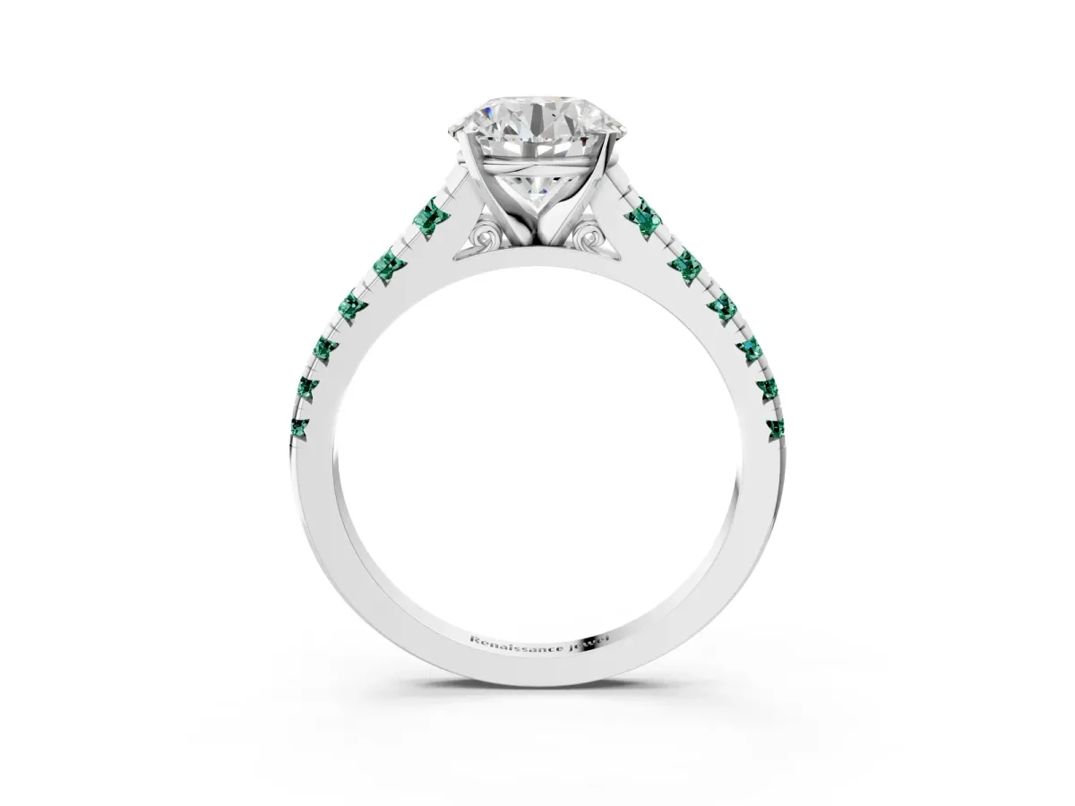 Round Cut Diamond Cathedral Solitaire Ring with Round Green Sapphire Pavé Band Platinum