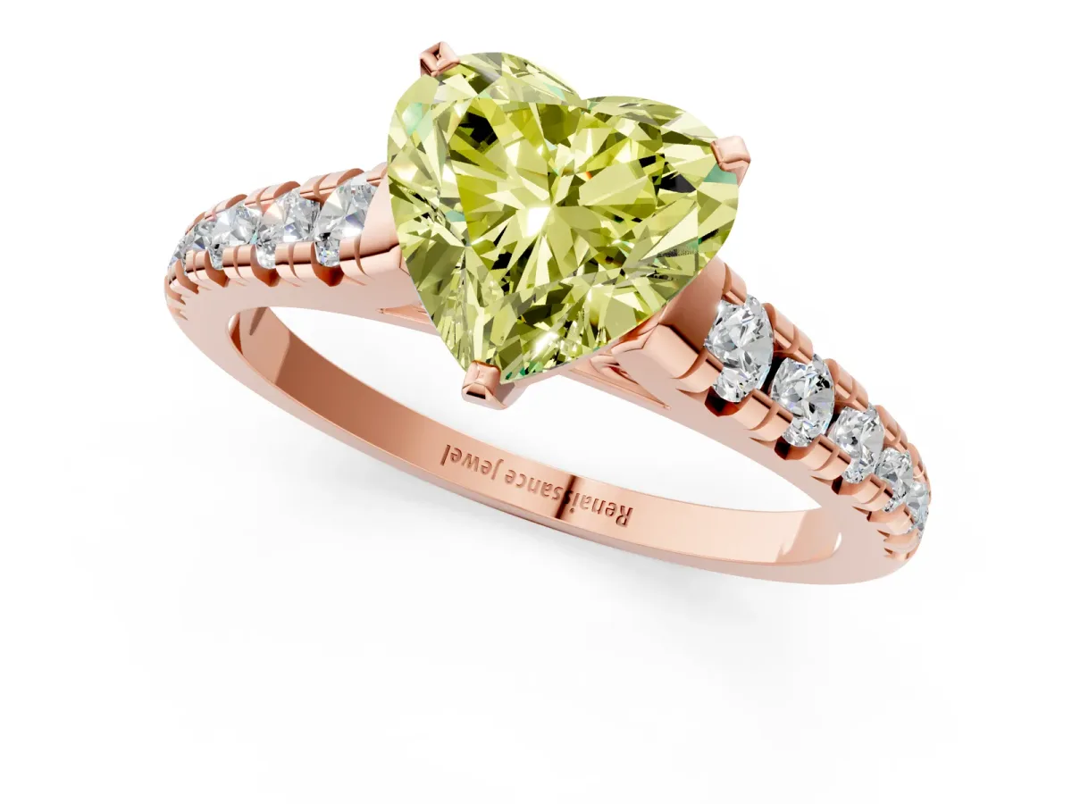 Fancy Yellow Heart Cut Diamond Cathedral Solitaire Ring with Round Pavé Band Rose gold