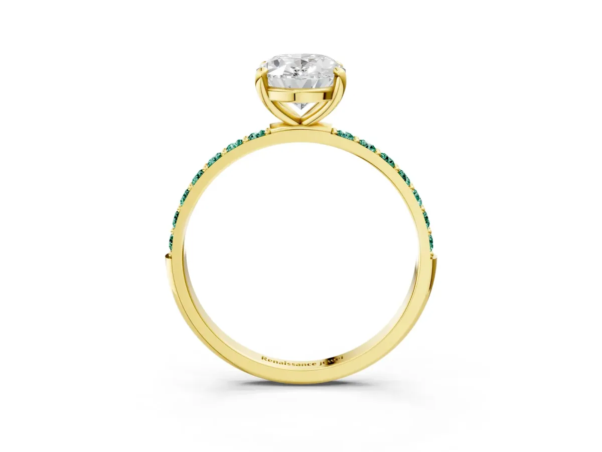 Oval Cut Diamond Solitaire Ring with Round Green Sapphire Pavé Band and Prong Setting Yellow gold