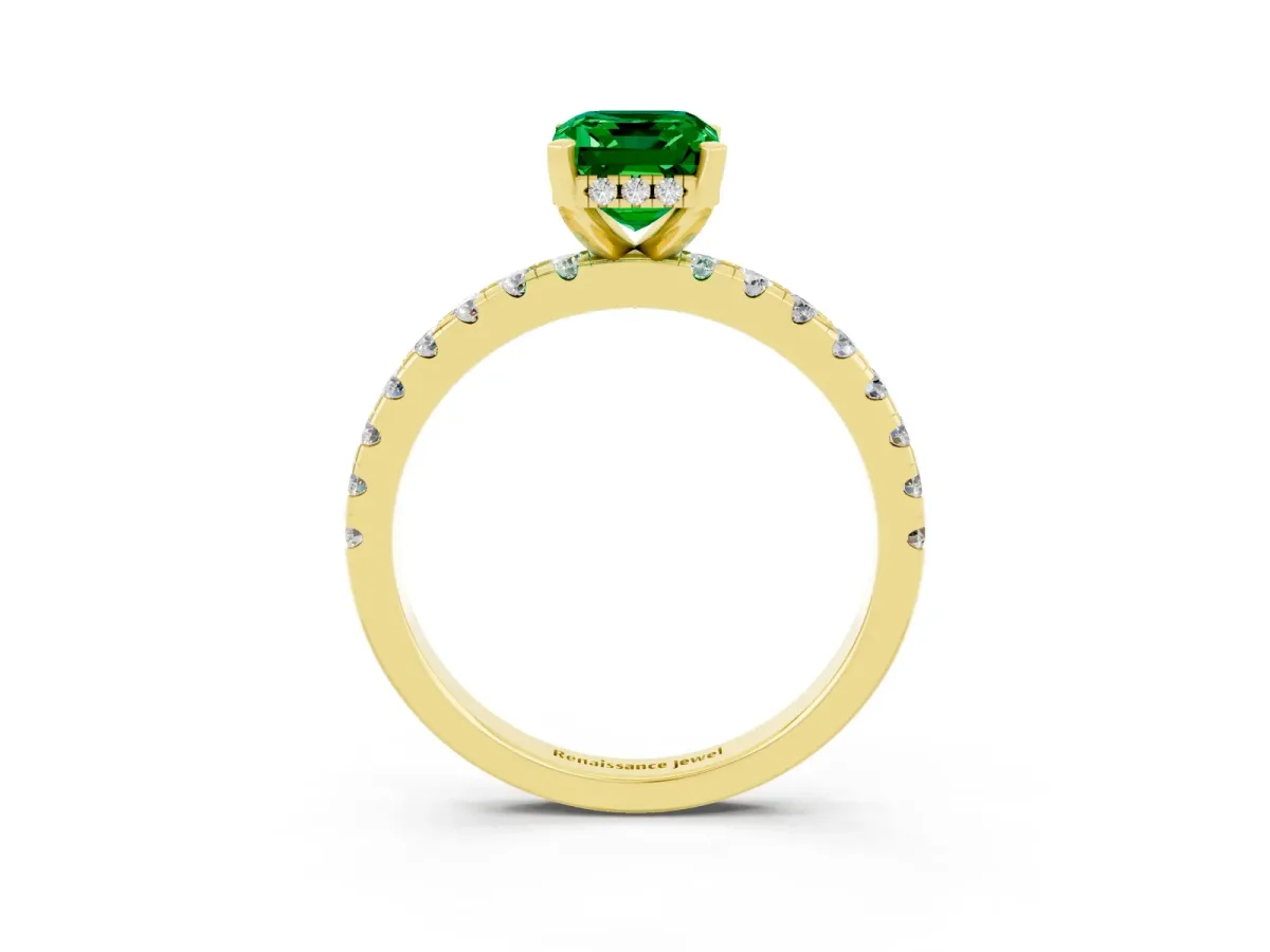Emerald Cut Emerald Solitaire Ring with Round Pavé Band and Four-Prong Setting Yellow gold
