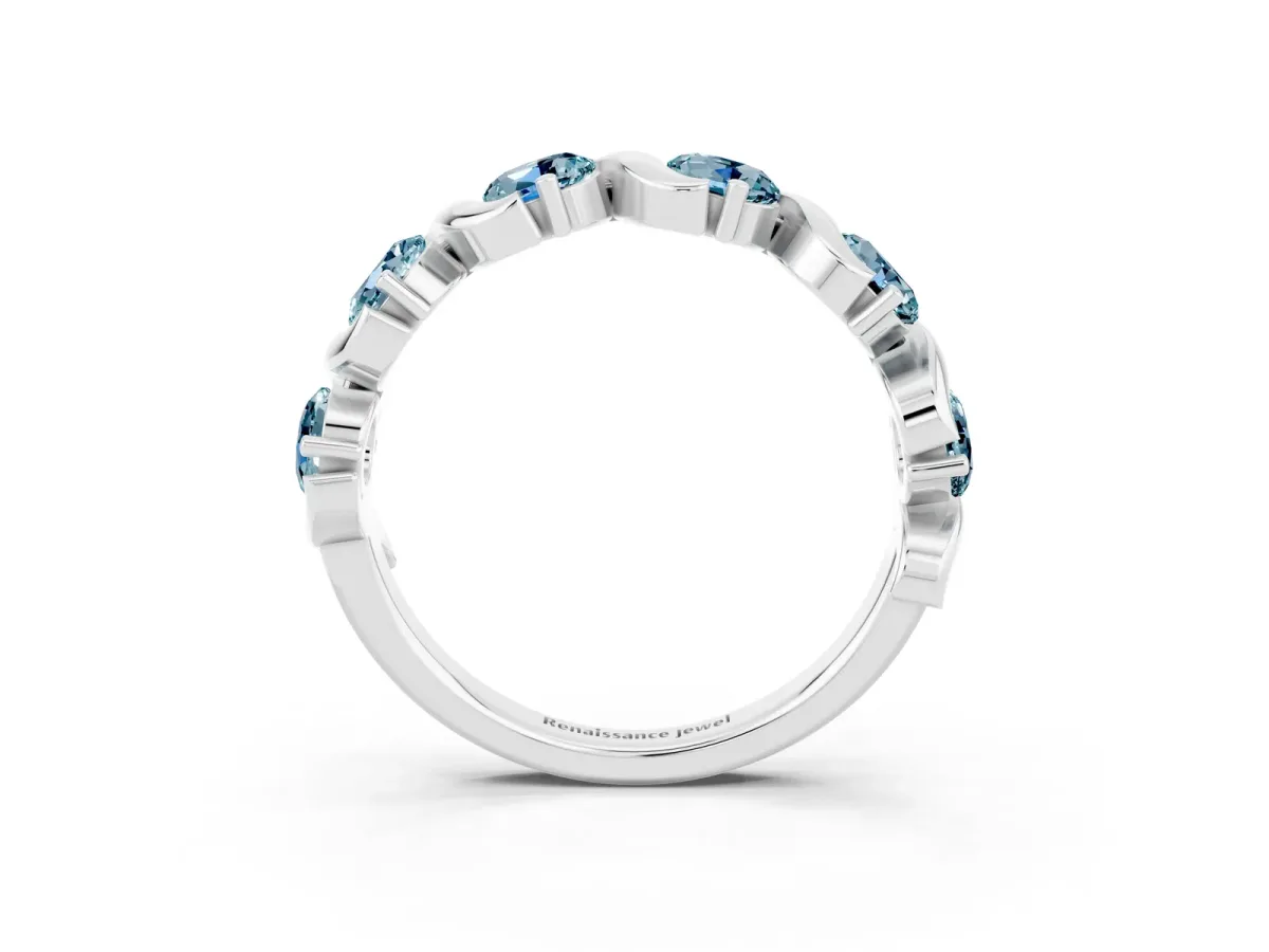 Round Aquamarine Half Eternity Band with Wave Prong Setting White gold