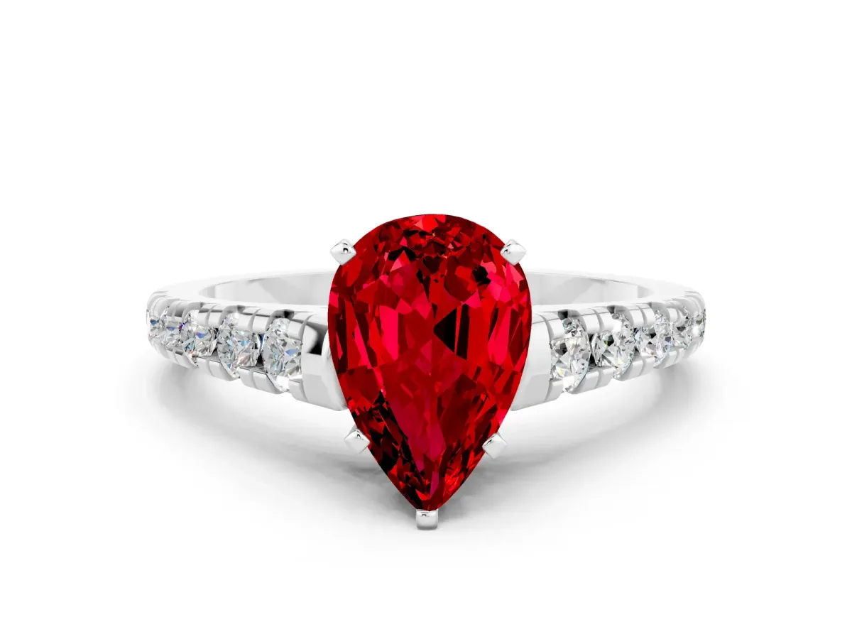 Pear Cut Ruby Cathedral Solitaire Ring with Round Pavé Band Platinum