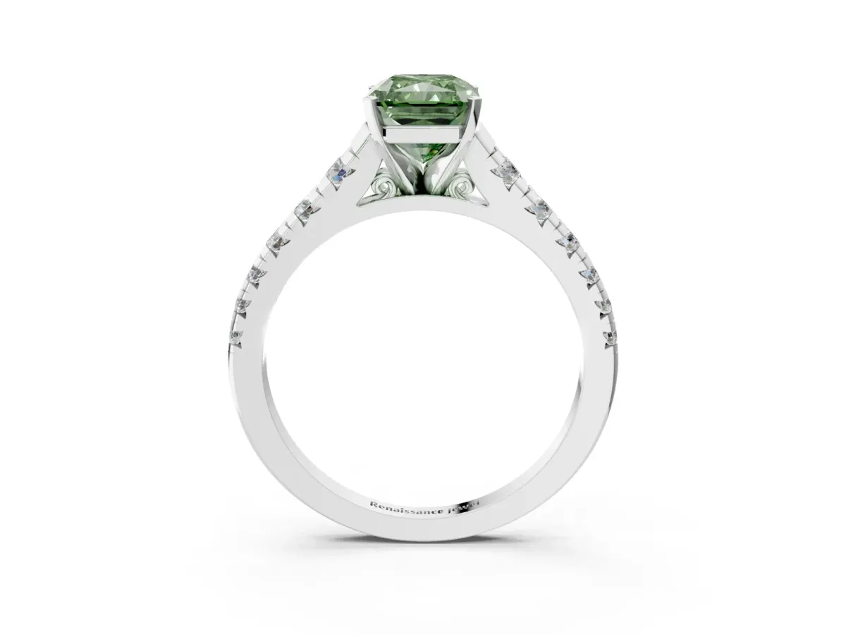 Fancy Green Radiant Cut Diamond Cathedral Solitaire Ring with Round Pavé Band Platinum