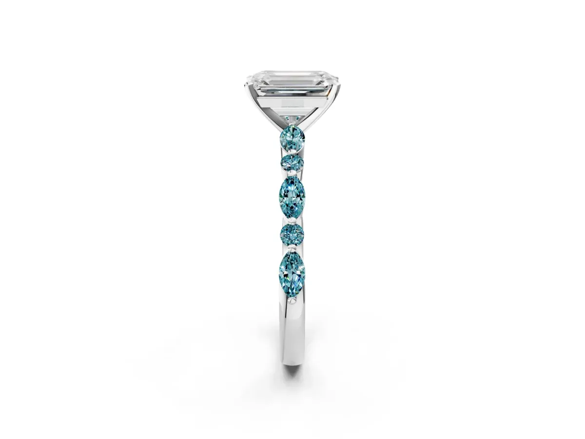 Emerald Cut Diamond Ring with Marquise and Round Blue Topaz Side Stones and Four-Prong Setting Silver