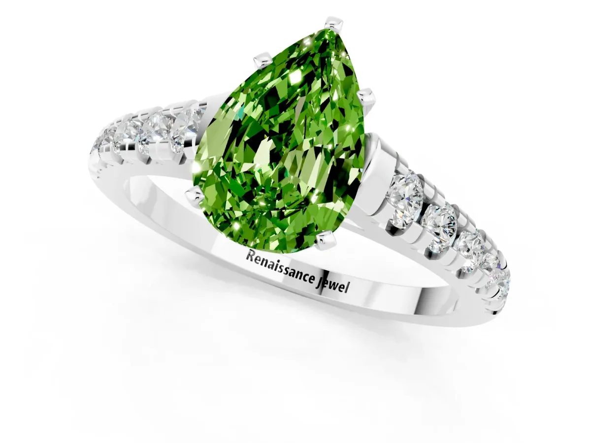 Pear Cut Peridot Cathedral Solitaire Ring with Round Pavé Band White gold
