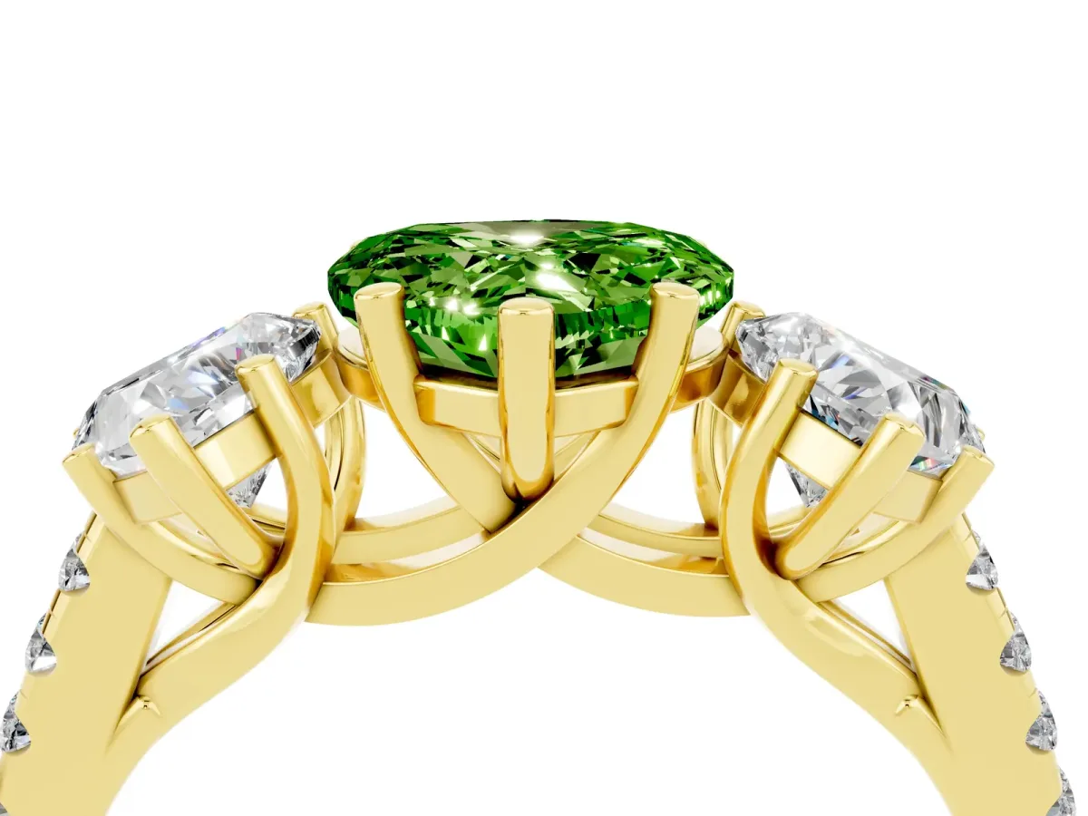 Three-Stone Heart Cut Peridot Ring with Round Pavé Band and Prong Setting Yellow gold