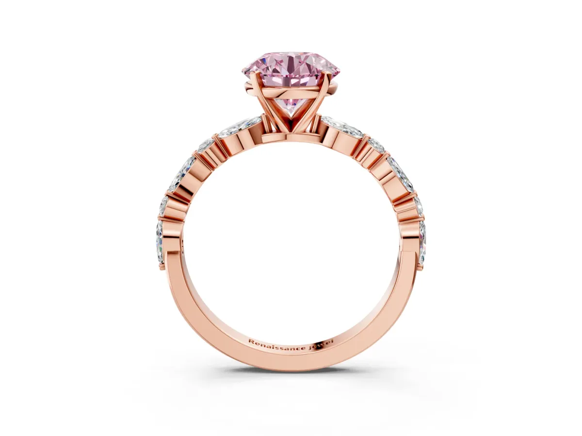 Fancy Pink Round Cut Diamond Ring with Marquise and Round Side Stones and Four-Prong Setting Rose gold